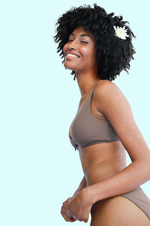 Woman wearing The Z Bra Bikini in Dutch Chocolate